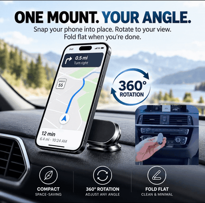 360° Rotatable Metal Magnetic Car Phone Holder🧲Snap your phone into place. Adjust the angle you want. Fold it down when you’re done.