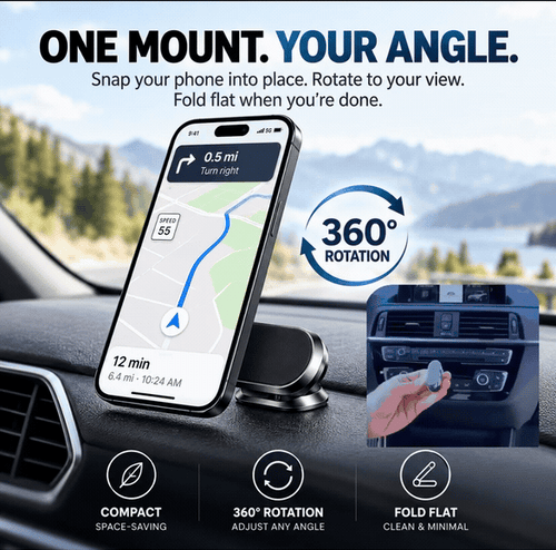 360° Rotatable Metal Magnetic Car Phone Holder🧲Snap your phone into place. Adjust the angle you want. Fold it down when you’re done.