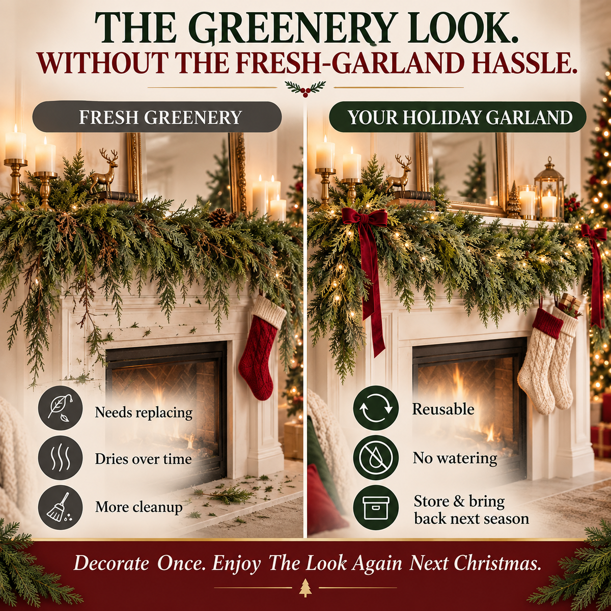 Lush Cedar Christmas Garland-Soft, Full Greenery for Mantels, Stairs, Tables & Doorways