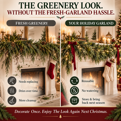 Lush Cedar Christmas Garland-Soft, Full Greenery for Mantels, Stairs, Tables & Doorways