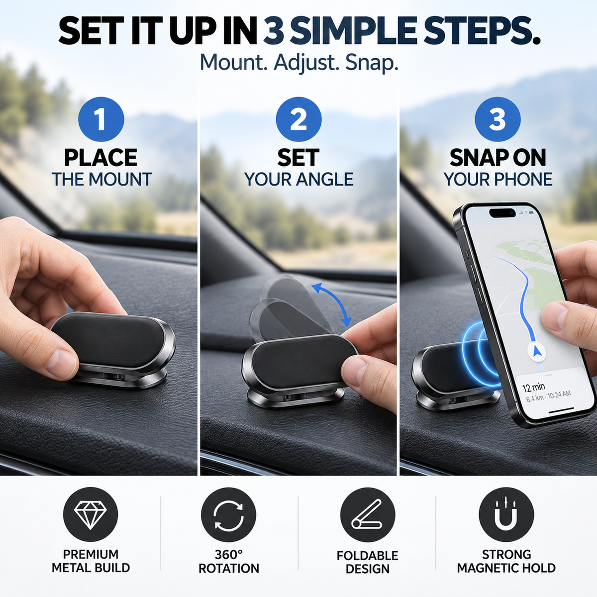 360° Rotatable Metal Magnetic Car Phone Holder🧲Snap your phone into place. Adjust the angle you want. Fold it down when you’re done.