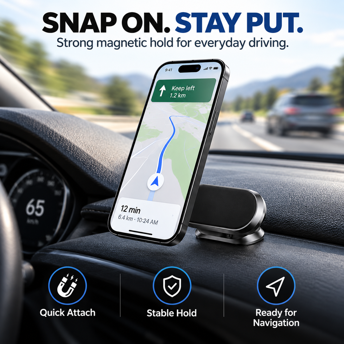 360° Rotatable Metal Magnetic Car Phone Holder🧲Snap your phone into place. Adjust the angle you want. Fold it down when you’re done.