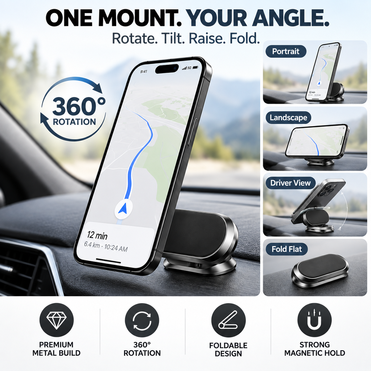 360° Rotatable Metal Magnetic Car Phone Holder🧲Snap your phone into place. Adjust the angle you want. Fold it down when you’re done.