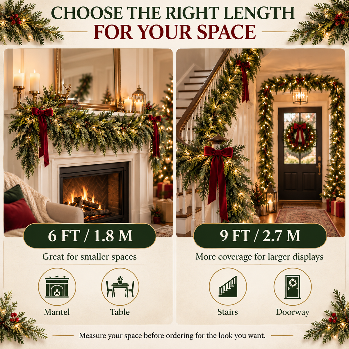 Lush Cedar Christmas Garland-Soft, Full Greenery for Mantels, Stairs, Tables & Doorways