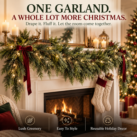 Lush Cedar Christmas Garland-Soft, Full Greenery for Mantels, Stairs, Tables & Doorways