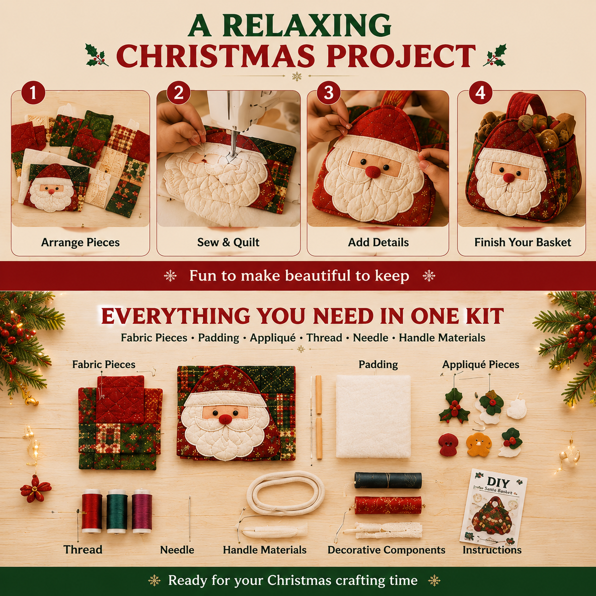 ⭐🎉🎄 Christmas Character Quilted Carry Basket | 🎁 A Reusable Christmas Keepsake - DIY Sewing Kit – Create Your Own