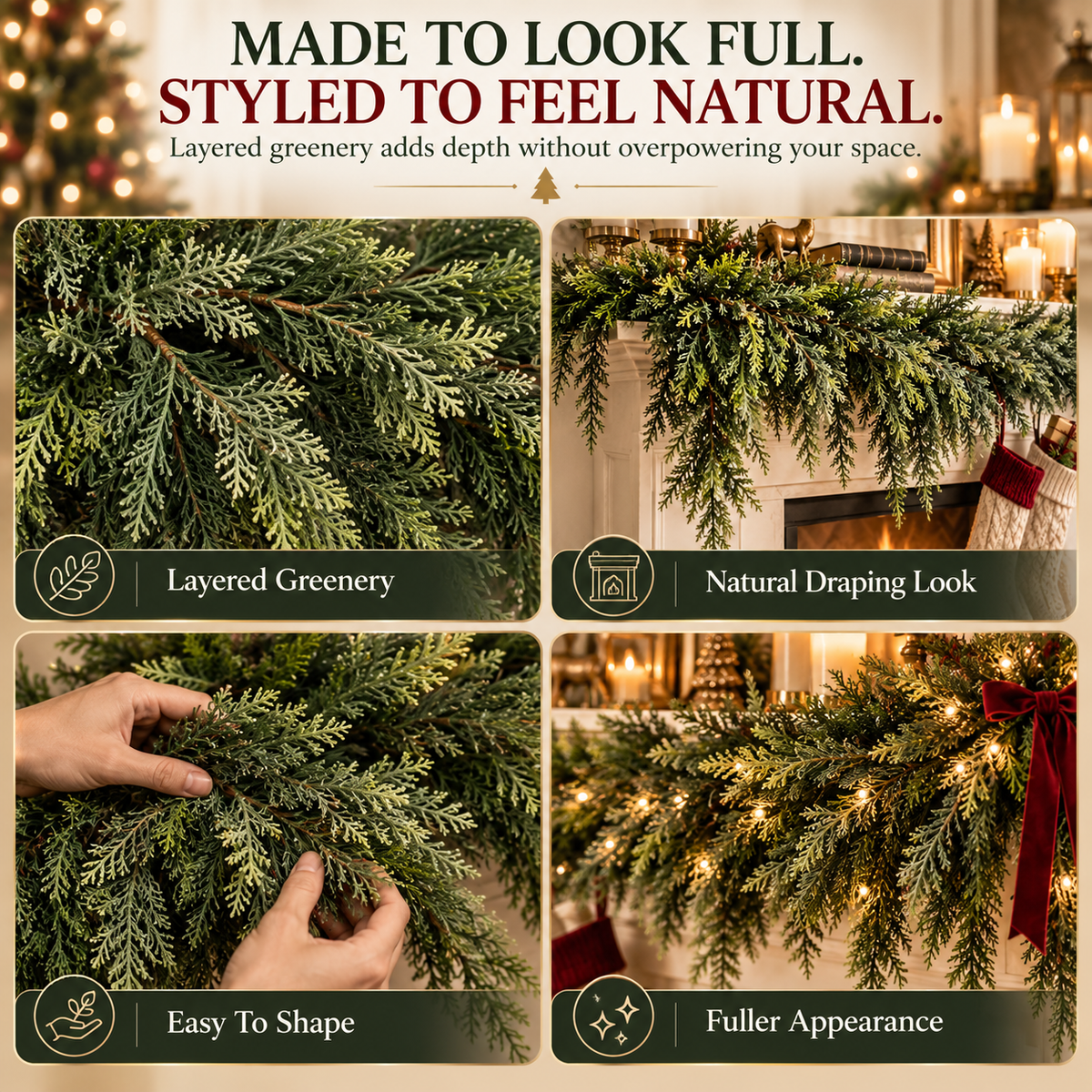 Lush Cedar Christmas Garland-Soft, Full Greenery for Mantels, Stairs, Tables & Doorways
