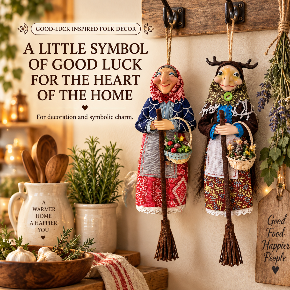 Handmade Kitchen Witch Doll – Whimsical Good Luck Hanging Decor