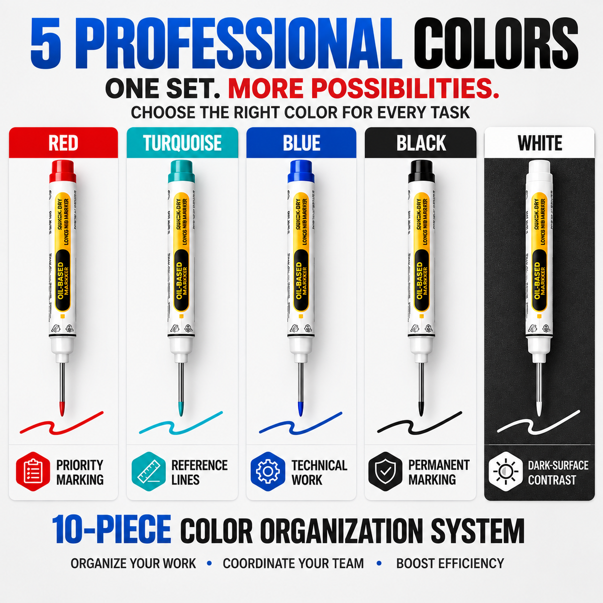 Five professional deep reach marker colors
