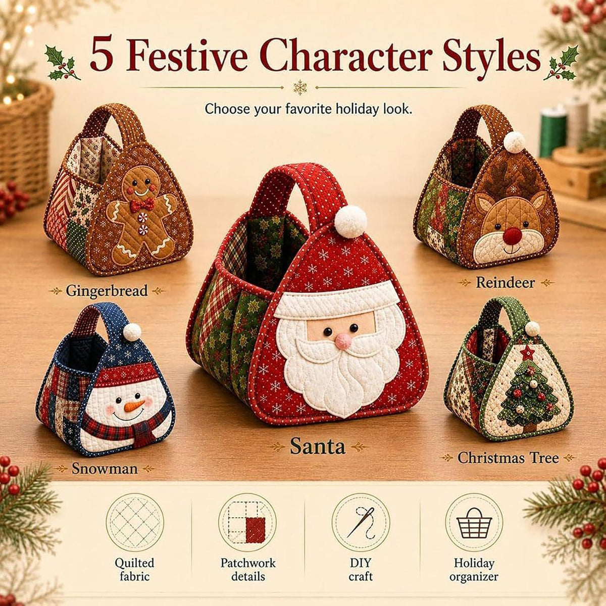 ⭐🎉🎄 Christmas Character Quilted Carry Basket | 🎁 A Reusable Christmas Keepsake - DIY Sewing Kit – Create Your Own