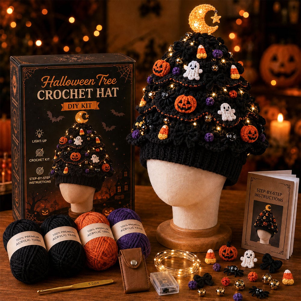 ⏳ Last Day 50% OFF – 🎄Beginner-Friendly Light-Up Christmas Tree Crochet Hat DIY Kit | Complete Kit with Coordinated Yarn, LED Lights & Step-by-Step Guide Included 💕