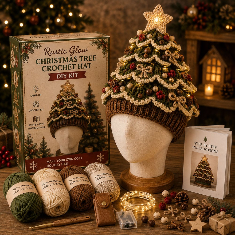 ⏳ Last Day 50% OFF – 🎄Beginner-Friendly Light-Up Christmas Tree Crochet Hat DIY Kit | Complete Kit with Coordinated Yarn, LED Lights & Step-by-Step Guide Included 💕