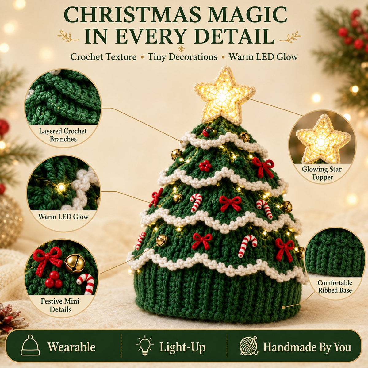 ⏳ Last Day 50% OFF – 🎄Beginner-Friendly Light-Up Christmas Tree Crochet Hat DIY Kit | Complete Kit with Coordinated Yarn, LED Lights & Step-by-Step Guide Included 💕