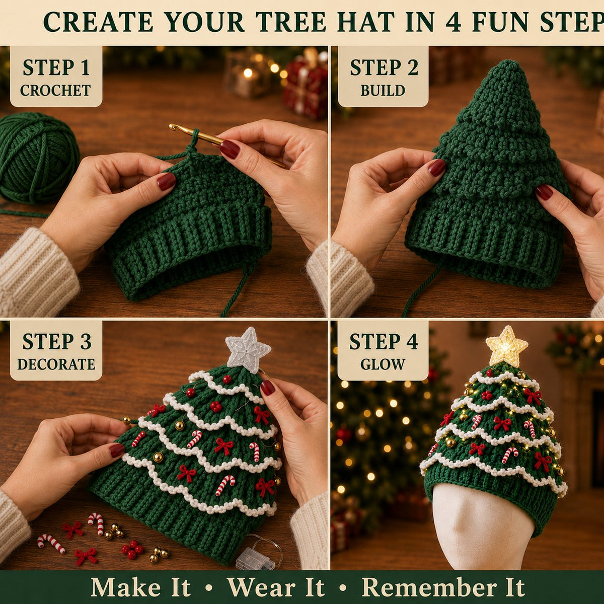 ⏳ Last Day 50% OFF – 🎄Beginner-Friendly Light-Up Christmas Tree Crochet Hat DIY Kit | Complete Kit with Coordinated Yarn, LED Lights & Step-by-Step Guide Included 💕