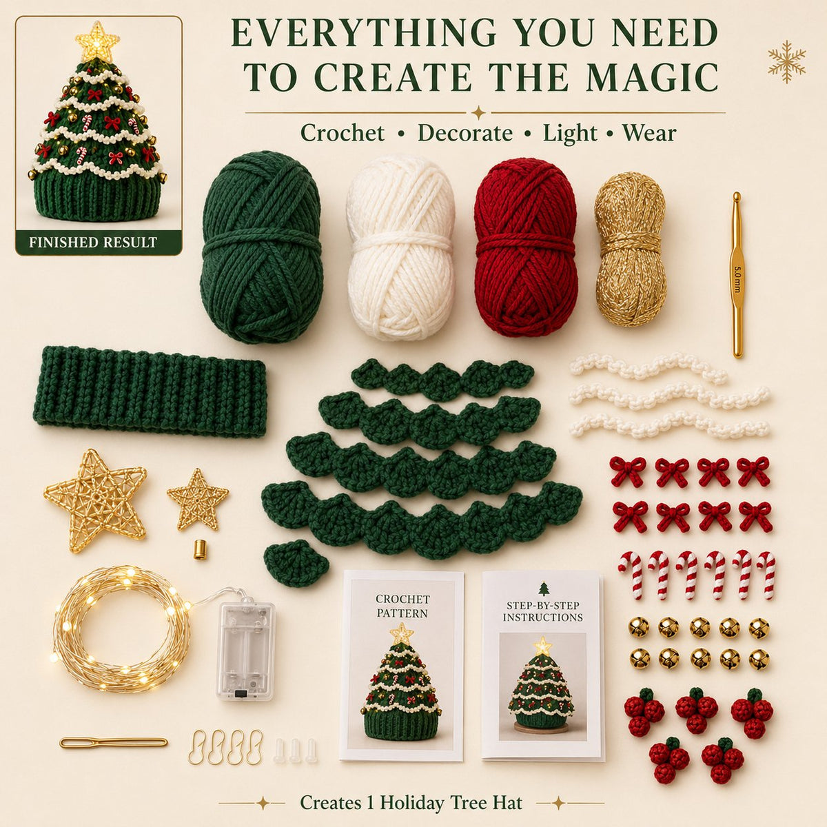 ⏳ Last Day 50% OFF – 🎄Beginner-Friendly Light-Up Christmas Tree Crochet Hat DIY Kit | Complete Kit with Coordinated Yarn, LED Lights & Step-by-Step Guide Included 💕