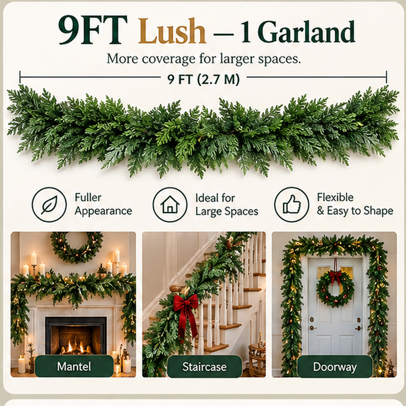 Lush Cedar Christmas Garland-Soft, Full Greenery for Mantels, Stairs, Tables & Doorways
