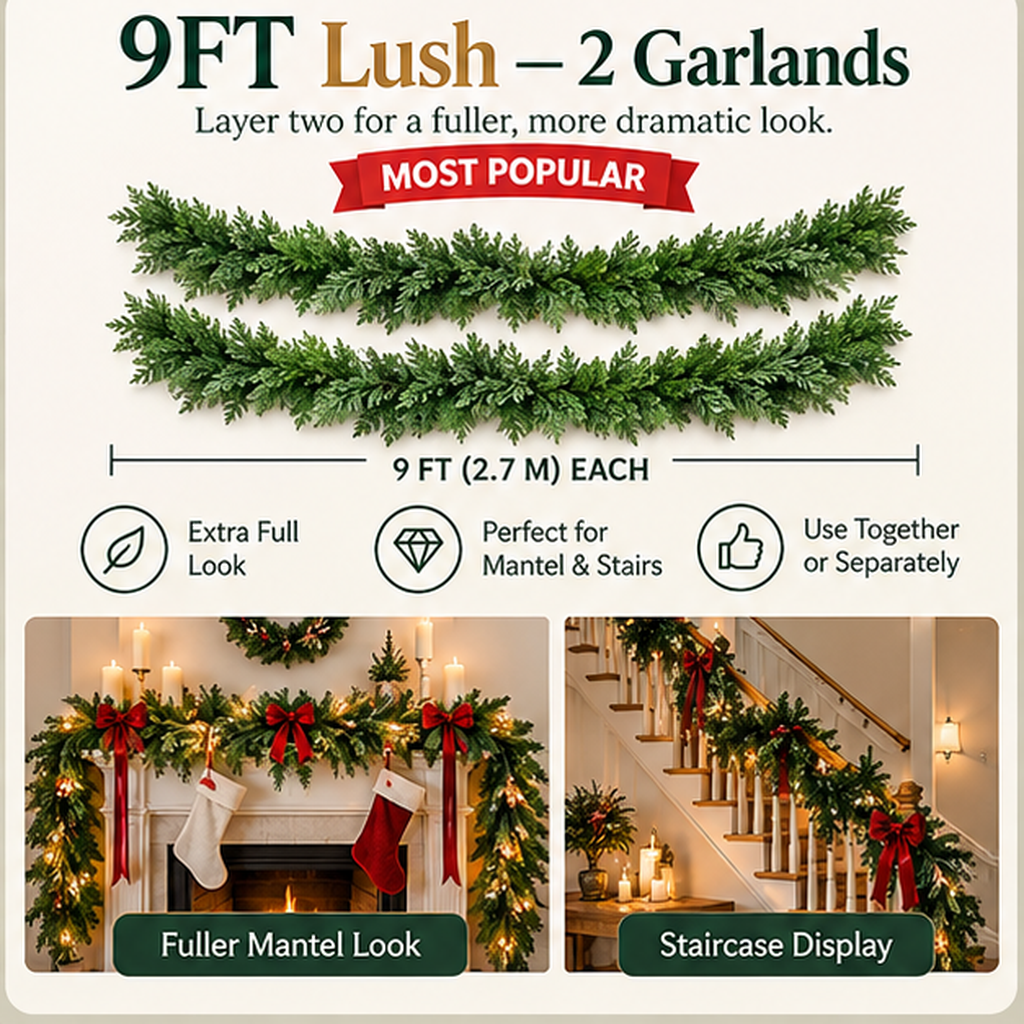 Lush Cedar Christmas Garland-Soft, Full Greenery for Mantels, Stairs, Tables & Doorways