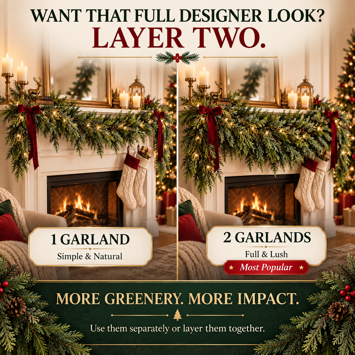 Lush Cedar Christmas Garland-Soft, Full Greenery for Mantels, Stairs, Tables & Doorways