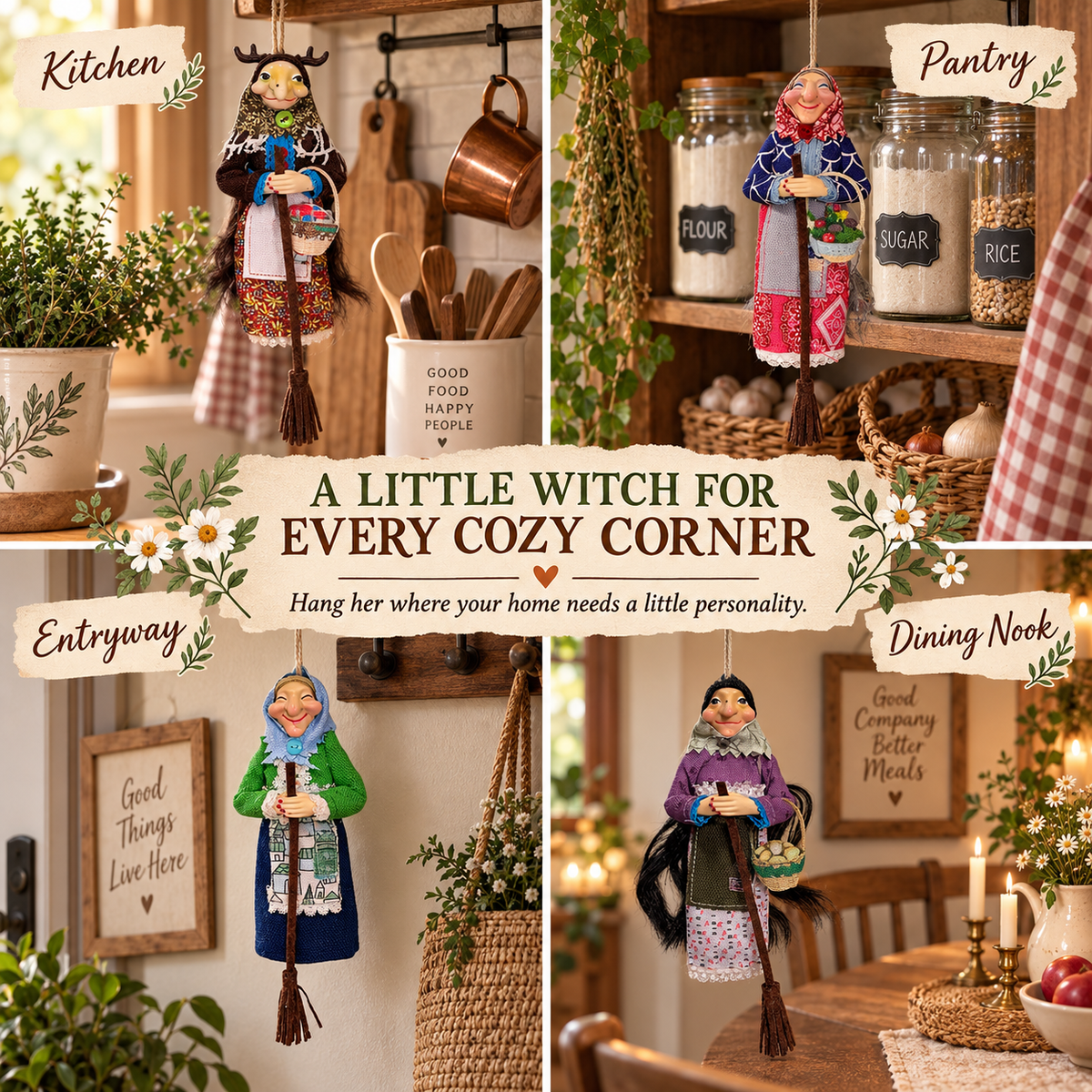 Handmade Kitchen Witch Doll – Whimsical Good Luck Hanging Decor