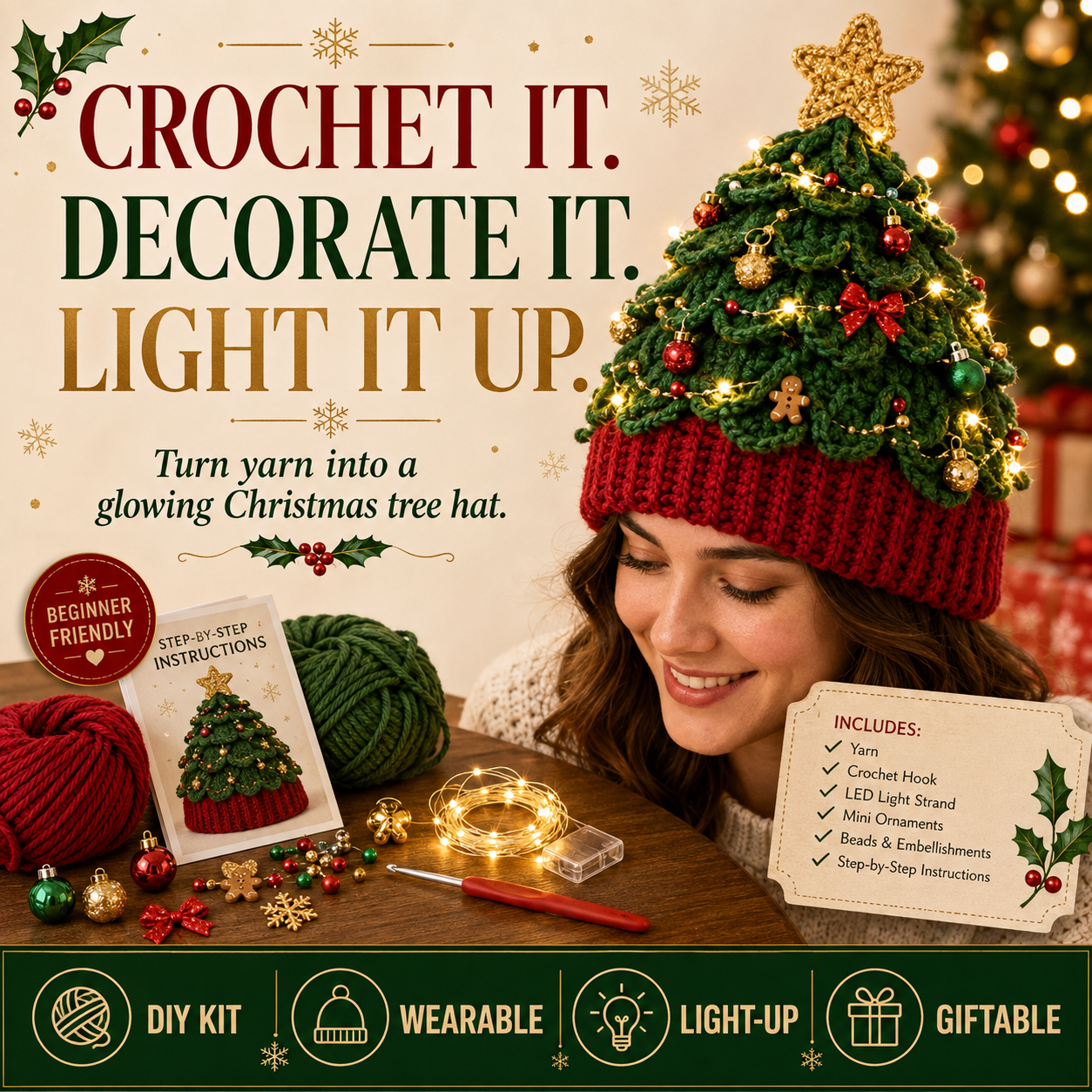 Crochet it decorate it light it up Christmas tree crochet hat DIY kit