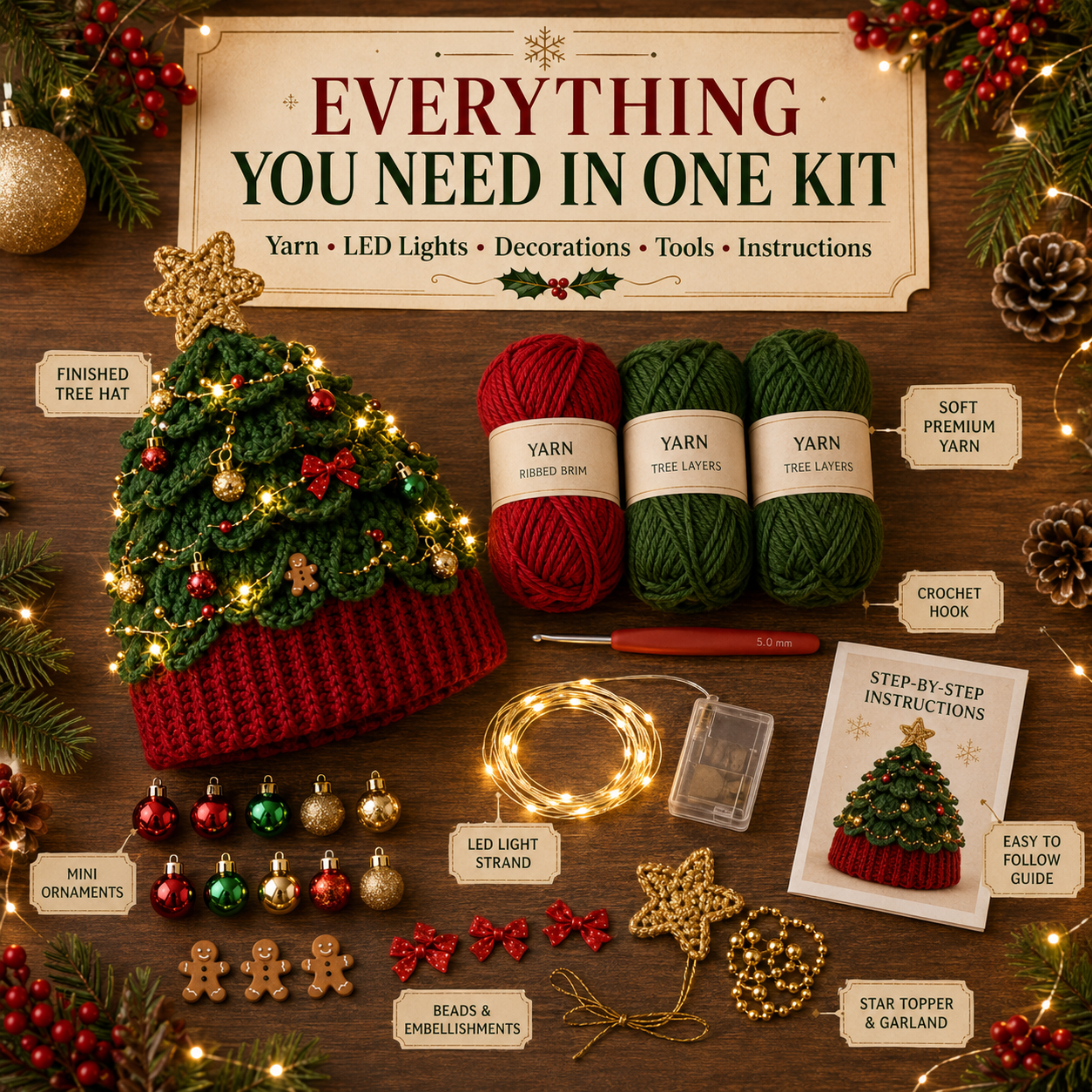 Everything you need in one Christmas tree crochet hat DIY kit