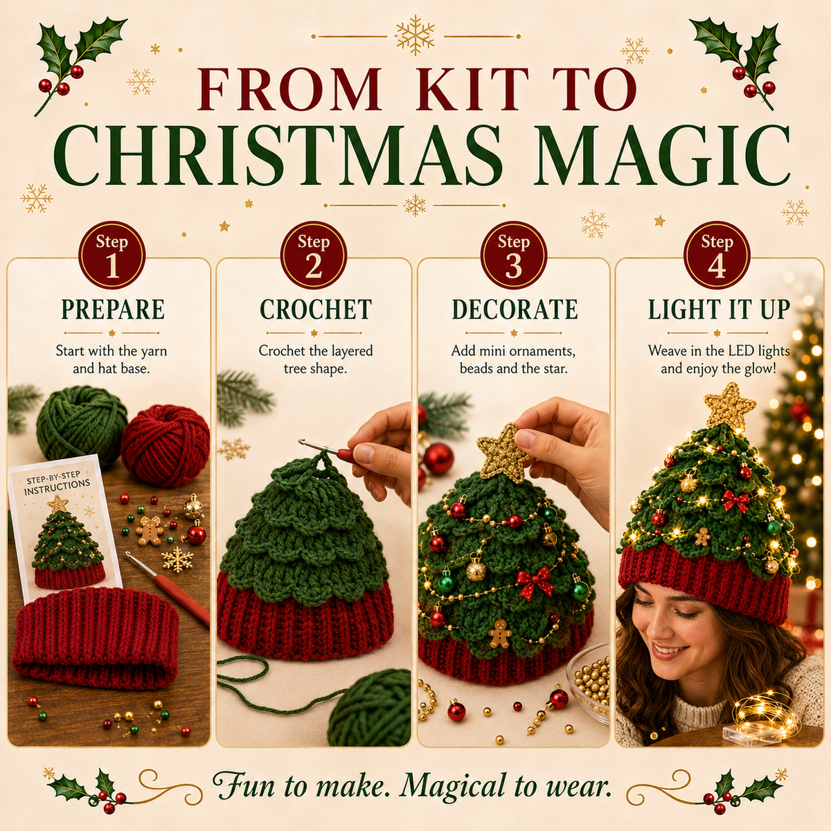⏳ Last Day 50% OFF – 🎄Beginner-Friendly Light-Up Christmas Tree Crochet Hat DIY Kit | Complete Kit with Coordinated Yarn, LED Lights & Step-by-Step Guide Included 💕