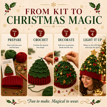 ⏳ Last Day 50% OFF – 🎄Beginner-Friendly Light-Up Christmas Tree Crochet Hat DIY Kit | Complete Kit with Coordinated Yarn, LED Lights & Step-by-Step Guide Included 💕