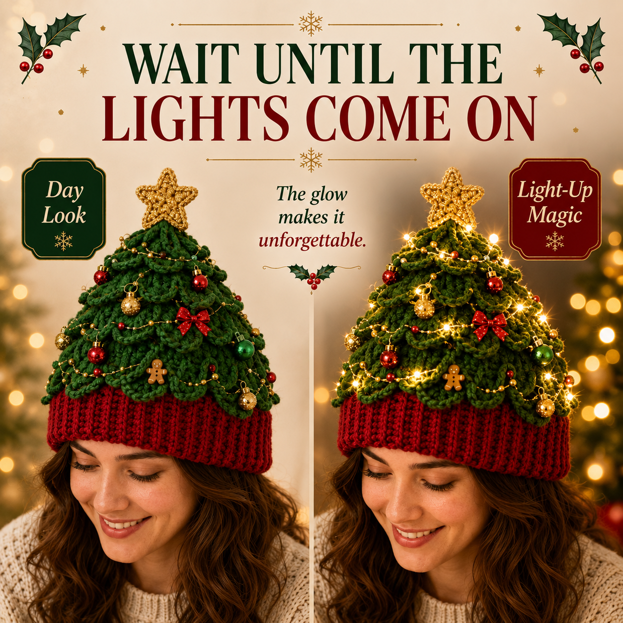 Christmas tree crochet hat lights off and lights on comparison