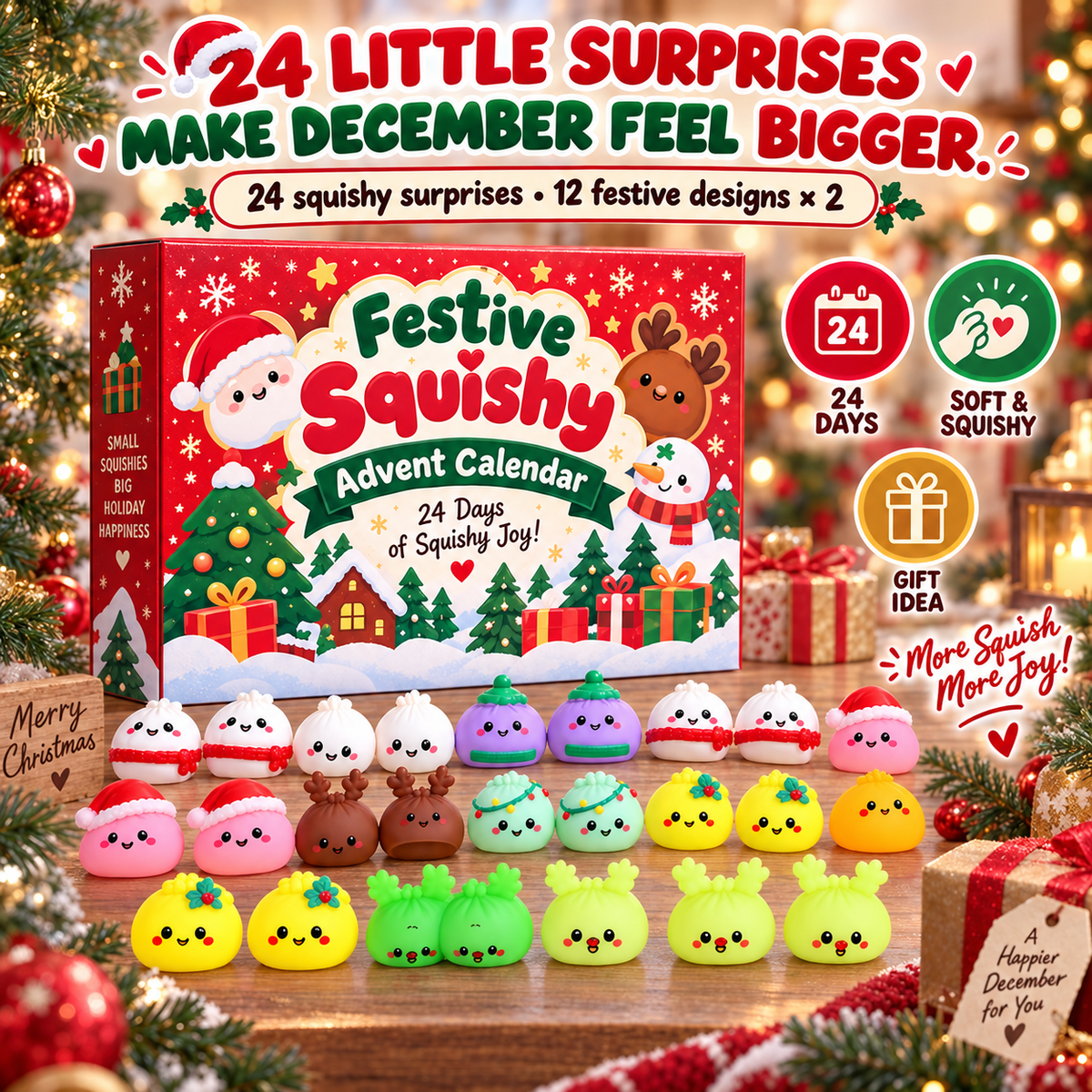 24 Days. 24 Squishy Surprises-Turn the countdown to Christmas into a daily ritual of opening, squeezing and collecting